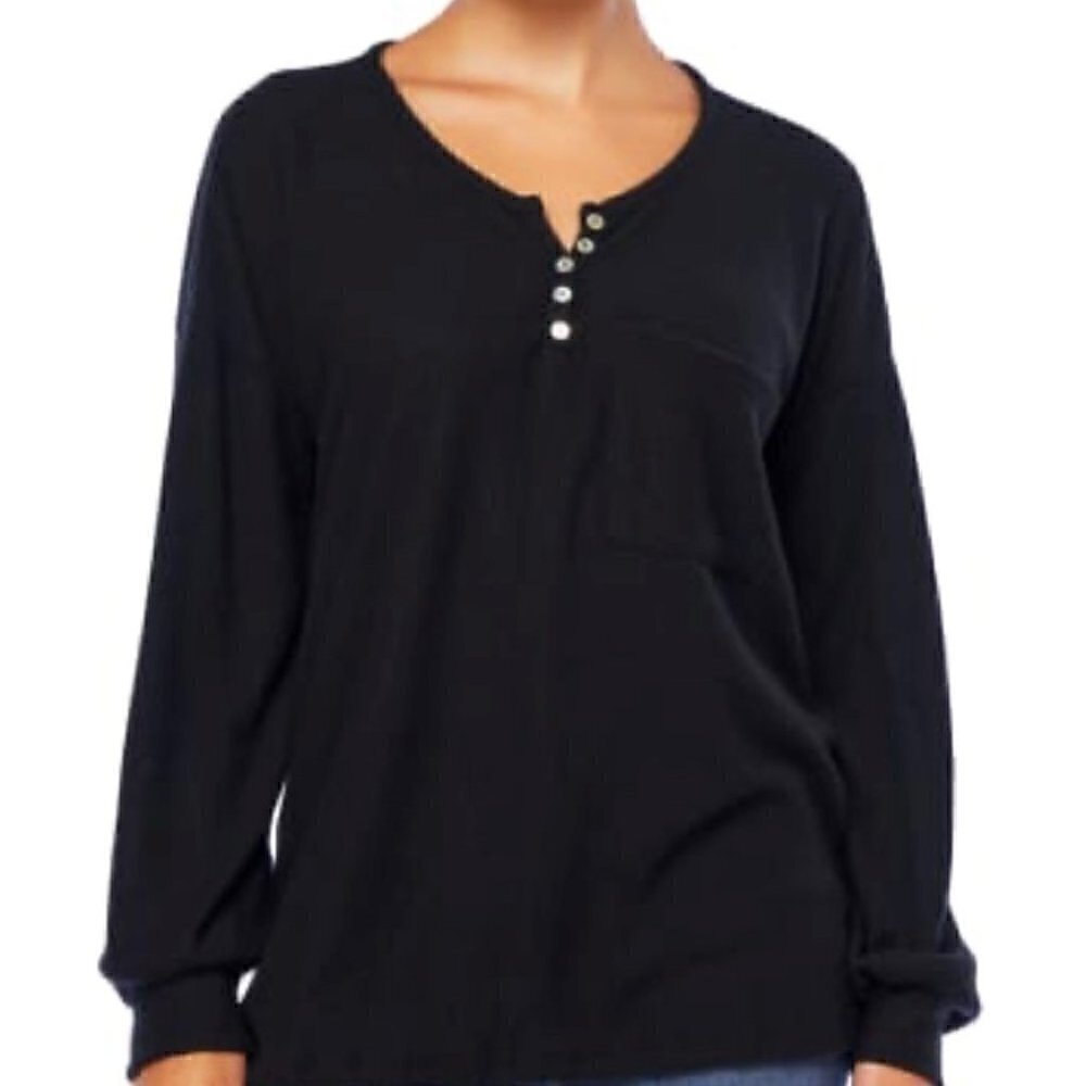 Women's Black Long Sleeve Rib Brushed V Neck Tunic Size M NWOT